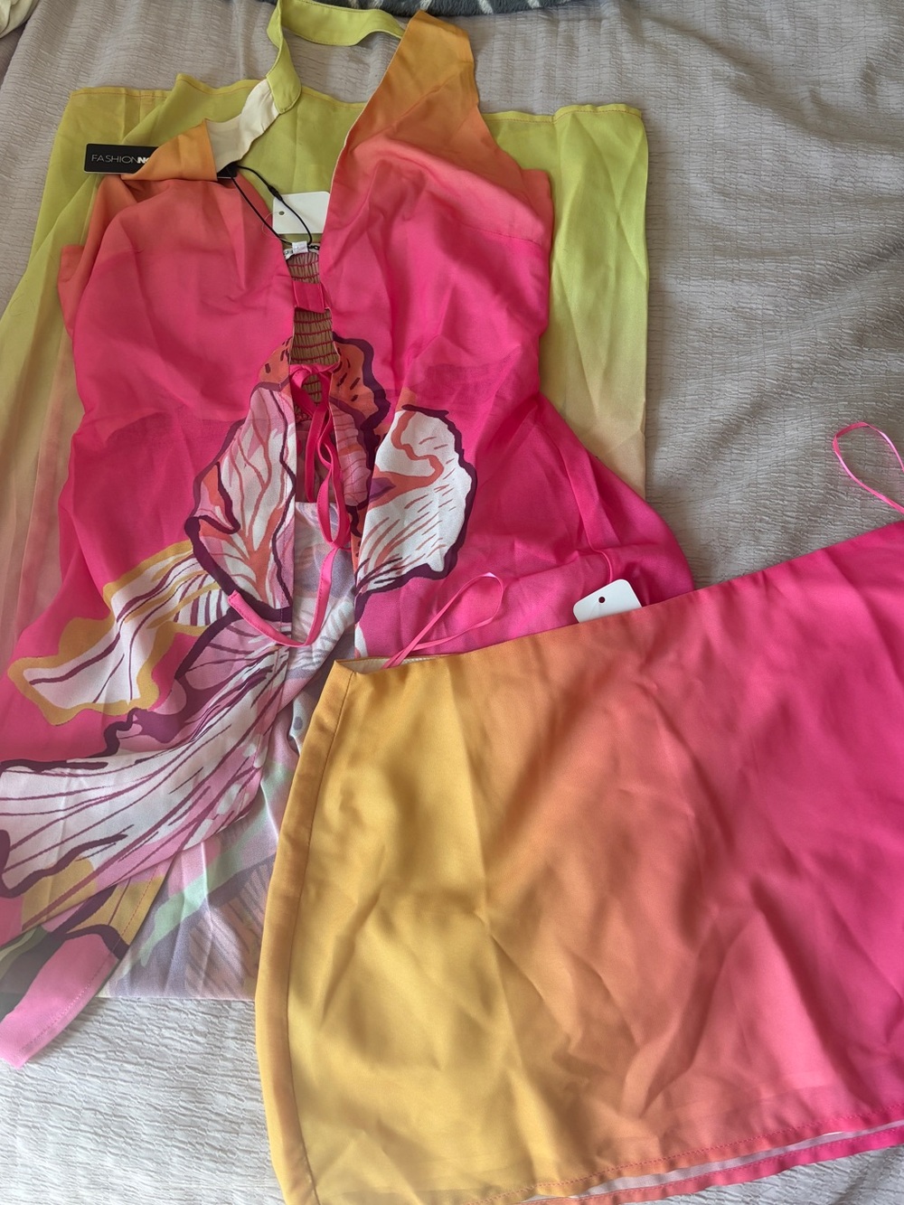 Fashion Nova Vibrant Pink & Yellow Floral Halter Dress